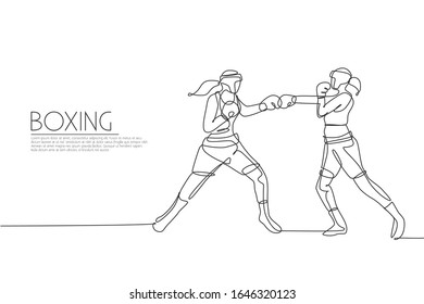 One single line drawing of two young energetic women boxer bump their fists punch vector illustration. Sport combative training concept. Modern continuous line draw design for boxing champions banner