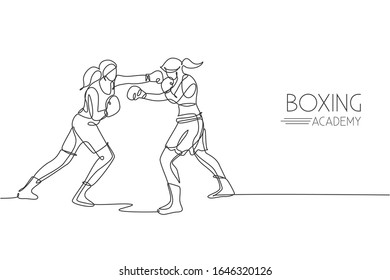 One single line drawing two young energetic women boxer practice duel fighting vector graphic illustration. Sport combative training concept. Modern continuous line draw design for boxing event banner