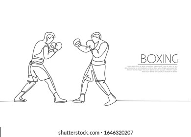 One single line drawing two young energetic men boxer fighting at event vector illustration graphic. Sport combative training concept. Modern continuous line draw design for boxing championship banner