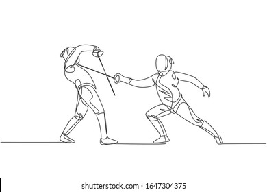 One single line drawing of two young women fencer athlete in fencing costume exercise duel on sport arena vector illustration. Combative and fighting sport concept. Modern continuous line draw design