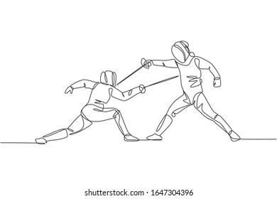 One single line drawing of two young men fencer athlete in fencing costume exercise motion on sport arena vector illustration. Combative and fighting sport concept. Modern continuous line draw design