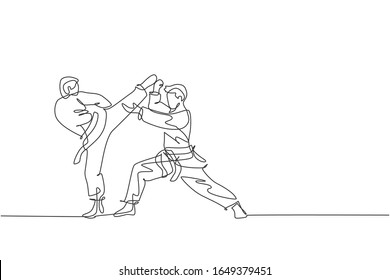 One single line drawing of two young sporty karateka men in fight uniform with belt exercising martial art at gym vector illustration. Healthy sport lifestyle concept. Modern continue line draw design