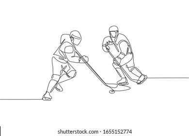 One single line drawing of two young ice hockey player in action to play competitive game on ice rink stadium vector graphic illustration. Sport tournament concept. Modern continuous line draw design