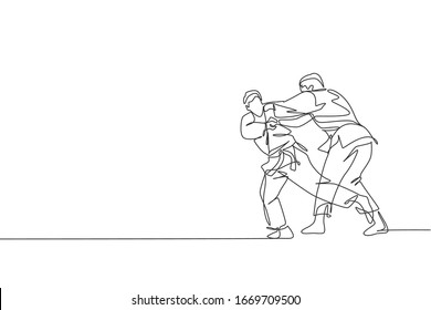 Un dibujo de una sola línea de dos jóvenes combatientes judokas enérgicos luchan contra la lucha en el centro de fitness ilustración vectorial. Concepto de competición deportiva marcial. Diseño moderno de líneas continuas