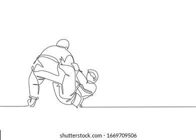 One single line drawing of two young energetic judokas fighter men battle fighting at gym center graphic vector illustration. Martial art sport competition concept. Modern continuous line draw design