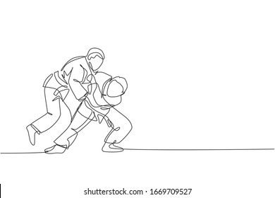 One single line drawing of two young energetic judokas fighter men focus battle fighting at gym center vector illustration. Martial art sport competition concept. Modern continuous line draw design