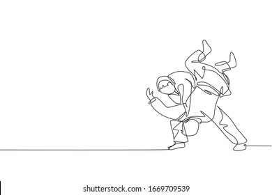 One single line drawing of two young energetic judokas fighter men battle fighting at gym center vector graphic illustration. Martial art sport competition concept. Modern continuous line draw design