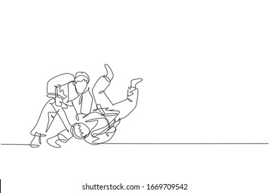 One single line drawing of two young energetic judokas fighter men battle fighting at gym center graphic vector illustration. Martial art sport competition concept. Modern continuous line draw design