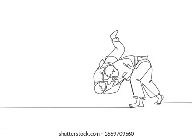 One single line drawing of two young energetic judokas fighter men battle fighting at gym center vector graphic illustration. Martial art sport competition concept. Modern continuous line draw design