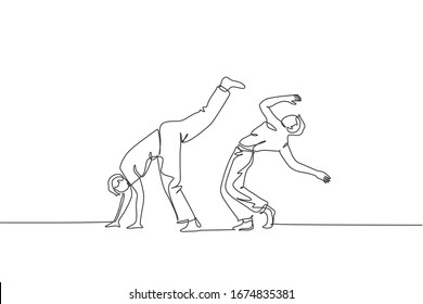One single line drawing of two young energetic man capoeira dancers perform dancing fight vector illustration. Traditional martial art lifestyle sport concept. Modern continuous line draw design