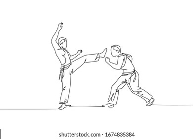 One single line drawing of two young energetic man capoeira dancers perform dancing fight vector illustration. Traditional martial art lifestyle sport concept. Modern continuous line draw design