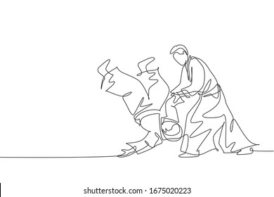 One single line drawing two young energetic men wearing kimono exercise aikido fighting in sports hall vector graphic illustration. Healthy lifestyle sport concept. Modern continuous line draw design