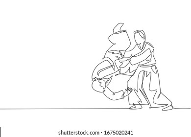 One single line drawing of two young energetic men wearing kimono exercise aikido slam technique in sports hall vector illustration. Healthy lifestyle sport concept. Modern continuous line draw design