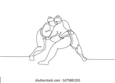 One single line drawing of two young overweight Japanese sumo men fighting at arena competition vector illustration. Traditional rikishi combative sport concept. Modern continuous line draw design