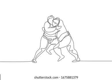 One single line drawing of two young overweight Japanese sumo men fighting at arena competition vector illustration. Traditional rikishi combative sport concept. Modern continuous line draw design