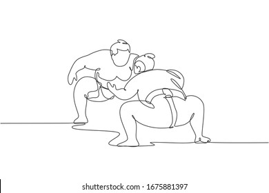 One single line drawing of two young overweight Japanese sumo man fighting at arena competition vector illustration. Traditional rikishi combative sport concept. Modern continuous line draw design