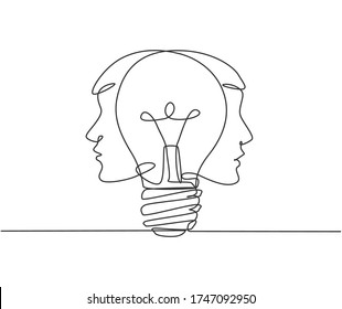 One single line drawing two men face and light bulb at the center logo identity  Human creativity company logotype icon template concept  Continuous line draw design graphic vector illustration