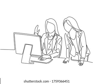 One single line drawing of two young female workers learning work skill by watching video tutorial on screen together. Video conference concept continuous line draw graphic design vector illustration