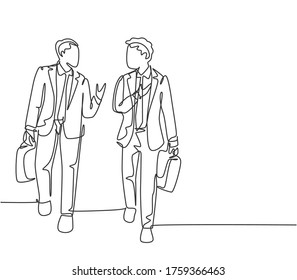 One single line drawing of two young company business men take a walk and talk together after company meeting. Business conversation concept continuous line draw design graphic vector illustration