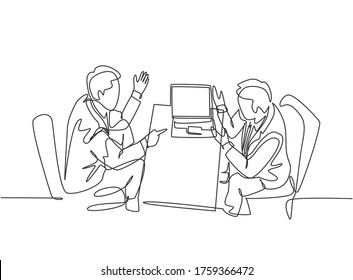 One single line drawing of two young businessmen exploring new business and discussing agreement to merge their business. Business deal concept continuous line draw design graphic vector illustration