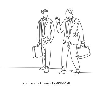 One single line drawing of two young company manager take a walk and talk together after office hour. Business conversation concept. Trendy continuous line draw graphic design vector illustration