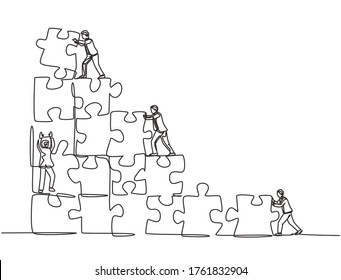 One single line drawing of two young businessman push and arrange puzzle pieces to build a strong building. Trendy business teamwork concept continuous line draw design graphic vector illustration