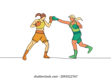 One single line drawing of two young energetic women boxer sparring fight at gym vector illustration. Sport combat training concept. Modern continuous line draw design for boxing championship banner