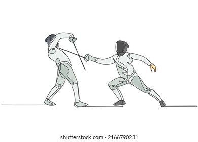 One single line drawing of two young women fencer athlete in fencing costume exercise duel on sport arena vector illustration. Combative and fighting sport concept. Modern continuous line draw design