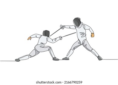 One single line drawing of two young men fencer athlete in fencing costume exercise motion on sport arena vector illustration. Combative and fighting sport concept. Modern continuous line draw design