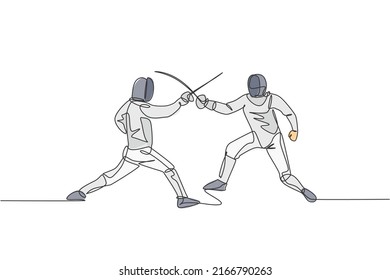 One single line drawing of two men fencer athlete in fencing costume exercising motion on sport arena vector illustration. Combative and fighting sport concept. Modern continuous line draw design