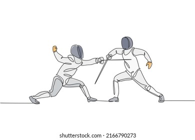 One single line drawing of two young men fencer athlete in fencing costume exercise motion on sport arena vector illustration. Combative and fighting sport concept. Modern continuous line draw design