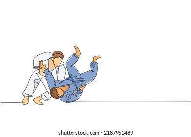 One single line drawing of two young energetic judokas fighter men battle fighting at gym center graphic vector illustration. Martial art sport competition concept. Modern continuous line draw design