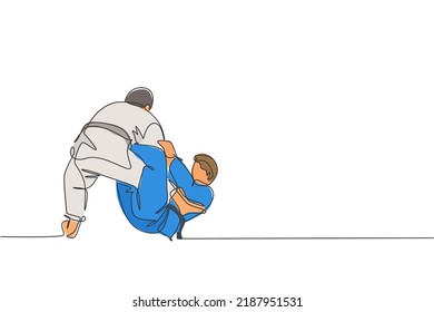 One single line drawing of two young energetic judokas fighter men battle fighting at gym center graphic vector illustration. Martial art sport competition concept. Modern continuous line draw design