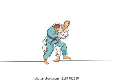 One single line drawing of two young energetic judokas fighter men battle fighting at gym center graphic vector illustration. Martial art sport competition concept. Modern continuous line draw design