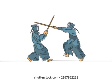 One Single Line Drawing Of Two Young Energetic Men Exercise Kendo Combat Game With Wooden Sword At Gym Center Vector Illustration. Combative Fight Sport Concept. Modern Continuous Line Draw Design