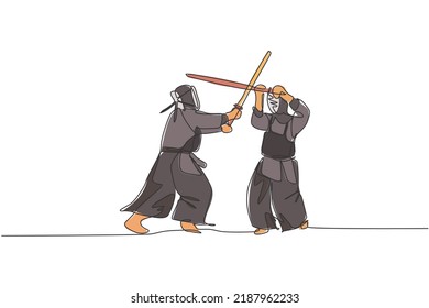 One Single Line Drawing Of Two Young Energetic Man Exercise Kendo Combat Match With Wooden Sword At Gym Center Vector Illustration. Combative Fight Sport Concept. Modern Continuous Line Draw Design