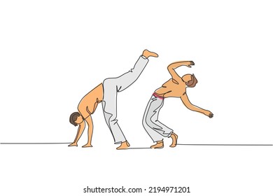 One single line drawing of two young energetic man capoeira dancers perform dancing fight vector illustration. Traditional martial art lifestyle sport concept. Modern continuous line draw design