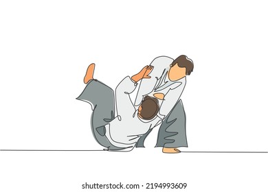 One single line drawing of two young energetic men wearing kimono exercise aikido throw technique in sport hall vector illustration. Healthy lifestyle sport concept. Modern continuous line draw design