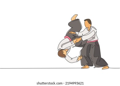 One single line drawing of two young energetic men wearing kimono exercise aikido slam technique in sports hall vector illustration. Healthy lifestyle sport concept. Modern continuous line draw design