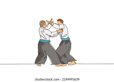 One single line drawing of two young energetic men wearing kimono exercise aikido fight technique in sport hall vector illustration. Healthy lifestyle sport concept. Modern continuous line draw design