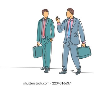 One single line drawing of two young company manager take a walk and talk together after office hour. Business conversation concept. Trendy continuous line draw graphic design vector illustration