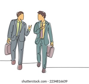 One single line drawing of two young company business men take a walk and talk together after company meeting. Business conversation concept continuous line draw design graphic vector illustration