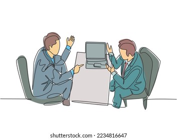 One single line drawing of two young businessmen exploring new business and discussing agreement to merge their business. Business deal concept continuous line draw design graphic vector illustration