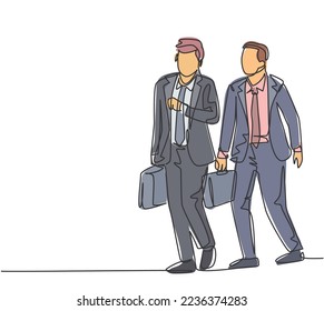 One single line drawing of two young male managers walking in hurry while looking at his watch try not be late for work. Urban commuter worker concept continuous line draw design vector illustration