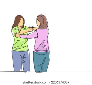 One single line drawing of two young happy businesswoman hugging each other when meeting at the office. Welcome greeting old friend concept continuous line draw design vector illustration