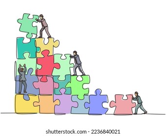 One single line drawing of two young businessman push and arrange puzzle pieces to build a strong building. Trendy business teamwork concept continuous line draw design graphic vector illustration