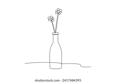 One single line drawing of two flowers in one vase. Trendy greeting card, invitation, logo, banner, poster concept continuous line draw design graphic vector illustration