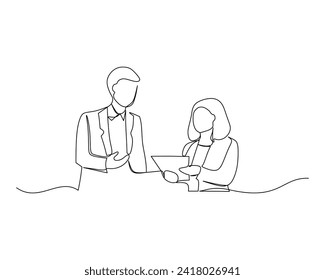 One single line drawing of two young male and female workers looking at a report on a paper at the office. Stockbroker concept continuous line draw design graphic vector illustration
