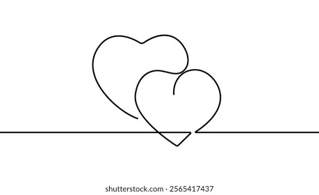 One Single Line Drawing of Two Hearts Vector Simple Graphic Illustration. Couple Love Linear Concept. Modern Continuous Line Draw for Valentine`s Day Design