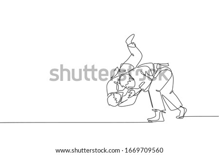 One single line drawing of two young energetic judokas fighter men battle fighting at gym center vector graphic illustration. Martial art sport competition concept. Modern continuous line draw design